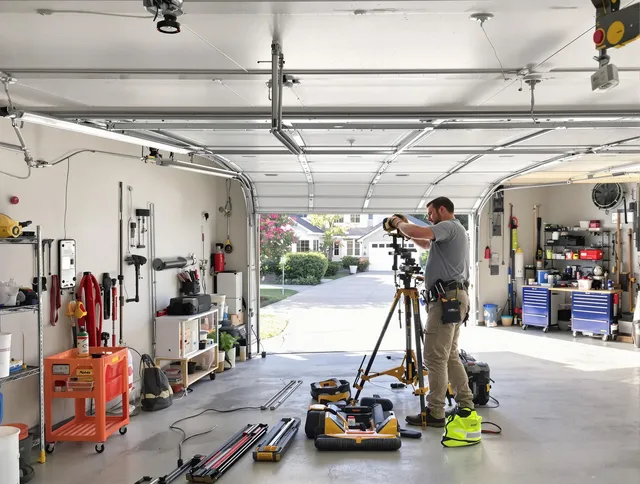 Groton Garage Door Repair specialist performing laser-guided track alignment in Groton